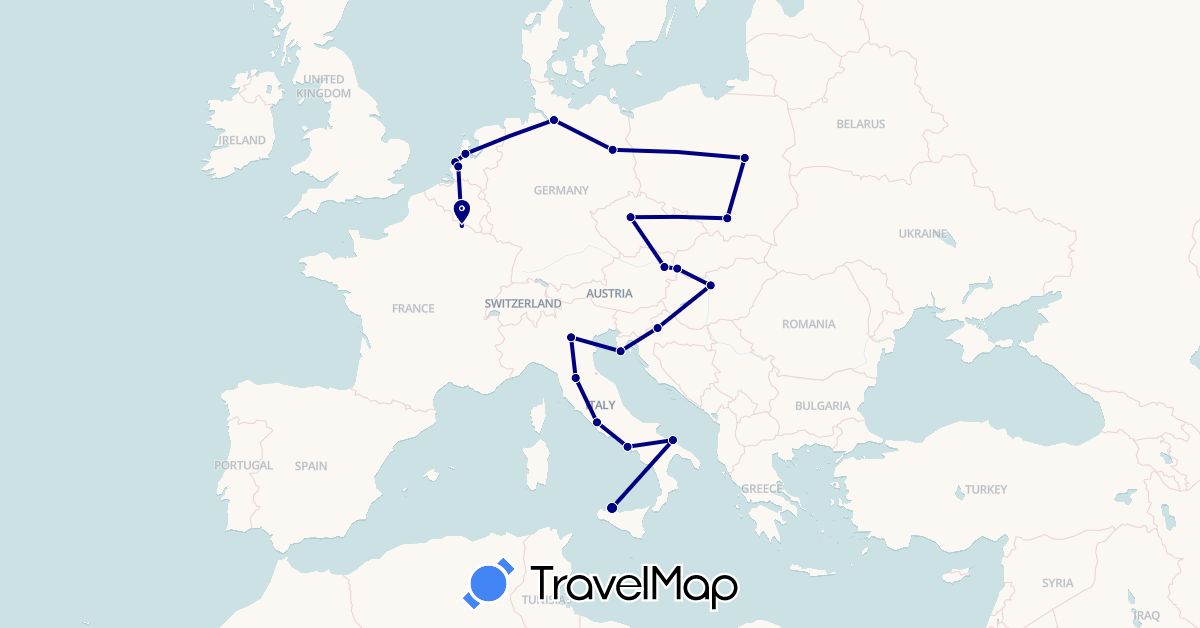 TravelMap itinerary: driving in Austria, Czech Republic, Germany, France, Croatia, Hungary, Italy, Netherlands, Poland, Slovakia (Europe)